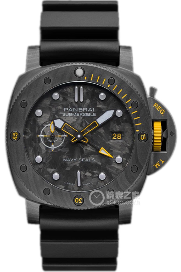 파네라이 Submersible GMT Carbotech Navy SEALs 44mm 블랙 다이얼 러버